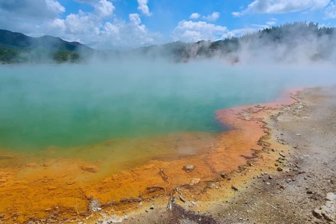 A hot spring with coloured rocks and steaming water, Champagne Pool thermal lake, Wai-O-Tapu