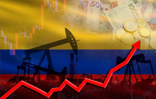 Oil production with Colombia flag, petrol industry. Oil pumps with Colombia flag