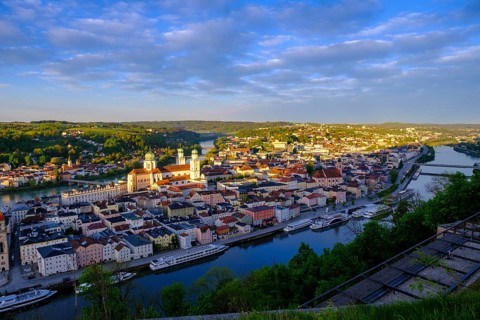 View of the historic city centre at sunrise, from the Veste Oberhaus, Passau, Lower Bavaria,