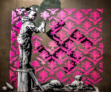 Banksy - Migrant Soup Citchen, Girl trying to remove a swastika, protest against injustice towards