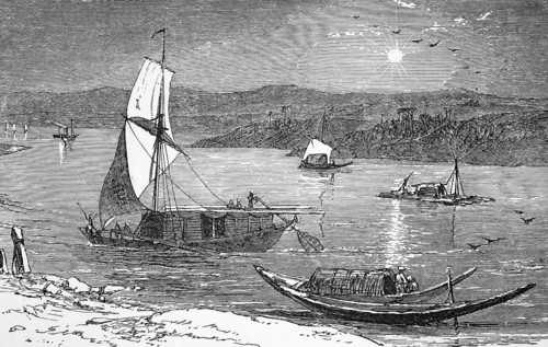 Boats on the River Ganges, c. 1870, India, digital reproduction of a historical model, Asia