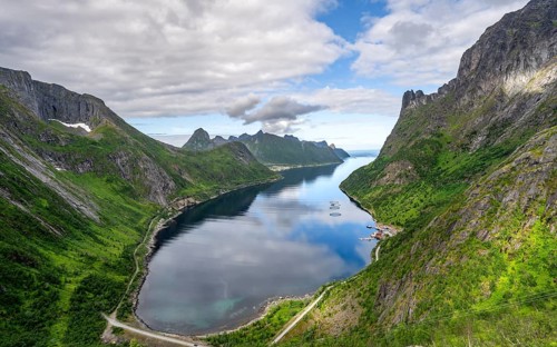 View of Øyfjorden fjord and mountains, fjord landscape with mountain peaks, hike to Barden