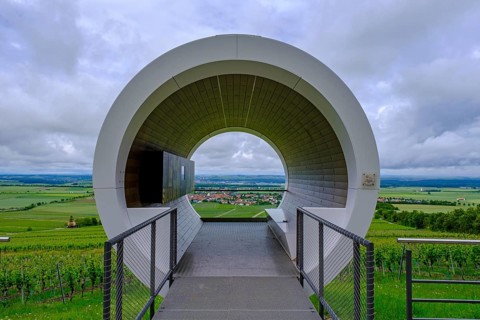 Terroir f, viewpoint in the vineyards on the Schwanberg near Rödelsee, Steigerwald nature park