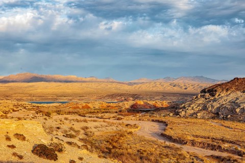 Echo wash drains into the Overton Arm of Lake Mead at Echo Bay, Nevada, USA, North America