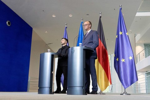 Berlin, Germany - 28.5.2025: Volodymyr Zelensky (President of Ukraine, l.) and Friedrich Merz