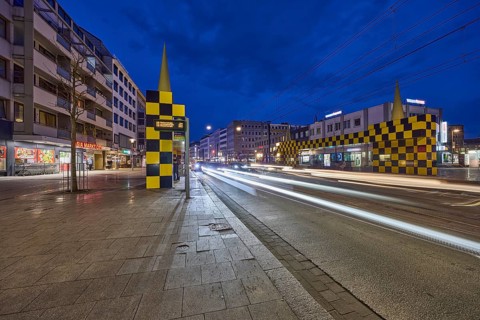 Steintor tram stop, designer Alessandro Mendini, general architecture, car headlights, traces of