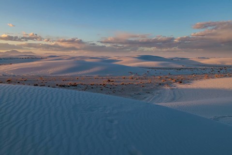 Smooth curved sand dunes in evening light at White Sands National Park in Alamogordo, New Mexico,