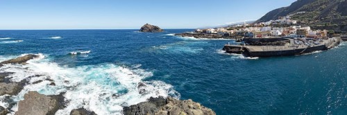 Atlantic coast with Roque de Garachico island off the town of Garachico, Tenerife, Canary Islands,