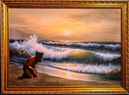 Banksy - Guantanamo Bay, Crude Oils, Haeftling in contrast to the idyllic seascape, 2005,