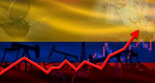 Oil pumps with Colombia flag. Oil production with Colombia flag, petrol industry