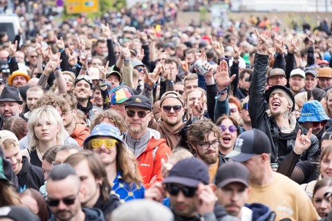 Festival visitors in front of the main entrance at the Rock am Ring Festival on Friday, Nürburgring