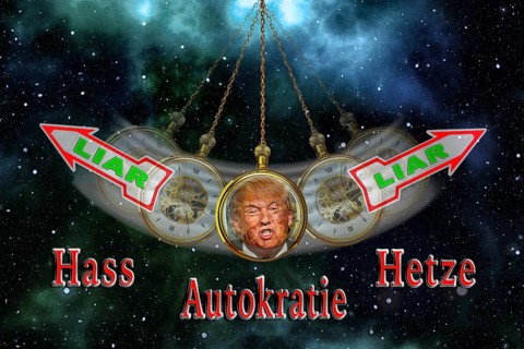 Symbolic image, Trump as a notorious liar in pendulum clock, wrong decisions, genius mania,