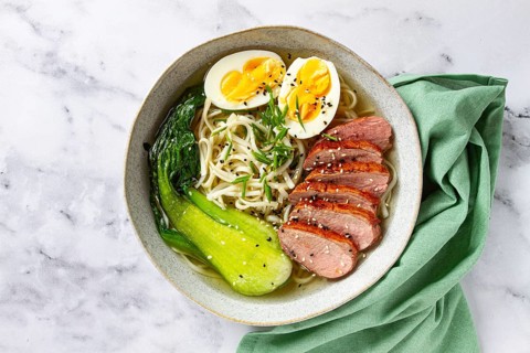 Ramen soup with duck and noodles, with eggs and bok choy, homemade, no people
