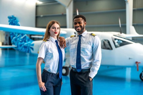 Two smiling airline pilots posing confidently in front of a private jet inside a spacious hangar,