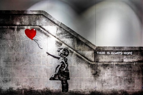 Banksy - Girl with Balloon, There is always hope, 2002, Southbank, London, exhibition The World of