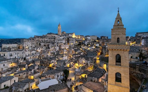Panoramic View of Sassi di Matera at night, Sasso Barisano, Basilicata, Italy, Europe