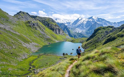 Mountaineer on hiking trail in picturesque mountain landscape, view of mountain lake Lac du Louvie