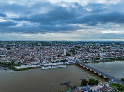 Twilight over Libourne from a drone, Gironde, Nouvelle-Aquitaine, Saint-Émilion and Pomerol,
