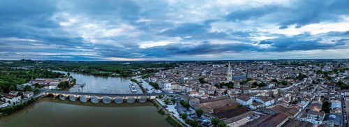 Twilight over Libourne from a drone, Gironde, Nouvelle-Aquitaine, Saint-Émilion and Pomerol,