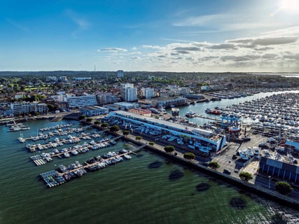 Marina and Beach in Arcachon from a drone, Arcachon, Gironde, France, Europe