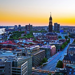 City view from above with the harbour and the main church St. Michaelis at atmospheric sunset,