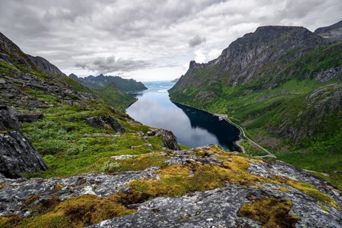 View of Øyfjorden fjord and mountains, fjord landscape with mountain peaks, hike to Barden
