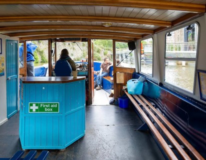 View from inside on waterbus ferry boat, Floating Harbour, Bristol, England, UK