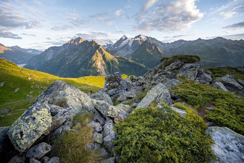 View from the Cabane du Louvie to the glaciated mountain peaks of the Grand Combine, in the evening