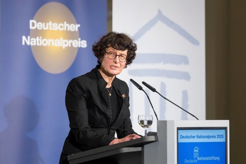 Özlem Türeci (founder of Biontech SE) gives an acceptance speech after receiving the German