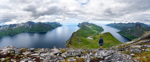 Panorama, view of fjords Øyfjorden and Mefjorden, mountains on the headland of Fjordgård, view from