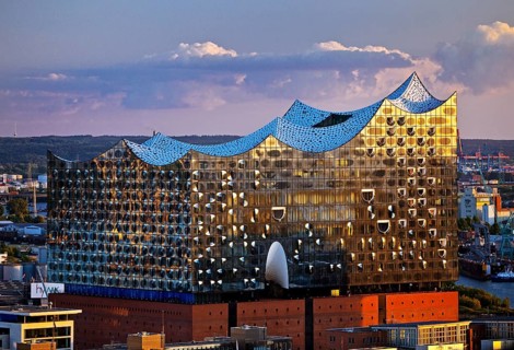 View of the Elbphilharmonie in the evening light from the St Nikolai memorial, Hamburg, Germany,