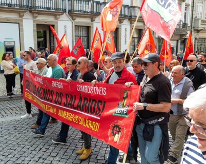 Political rally and march for May Day in city of Guimaraes, Braga district, northern Portugal,