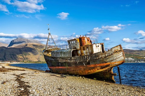 Corpach Wreck or Old Boat of Caol and Nevis Range Mountains, Caol Beach, Corpach, Fort William,