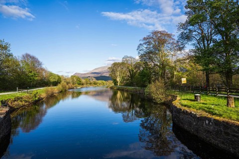Caledonian Canal, Caol Beach and Nevis Range Mountains, Corpach, Fort William, Highland, Scotland,