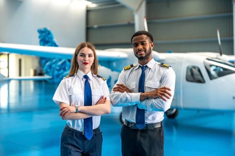 Two professional pilots standing confidently in a hangar with a small aircraft in the background,