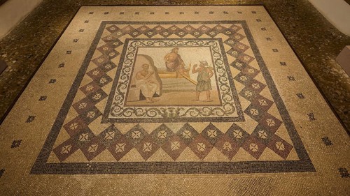Ancient floor mosaic with complex geometric patterns and figurative depictions, Roman House of
