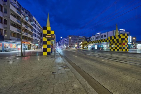 Steintor tram stop, designer Alessandro Mendini, general architecture, blue hour in the evening,