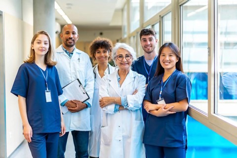 Doctors and nurses standing together in a hospital corridor, representing teamwork and