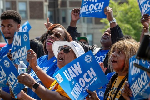 Detroit, Michigan USA - 7 June 2025 - Members of the United Auto Workers rally to support Rev.