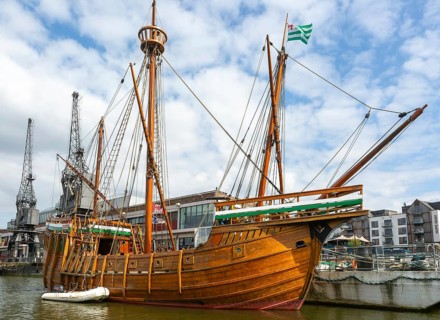 The Matthew of Bristol replica ship at quayside of the M Shed museum, Floating Harbour, Bristol,