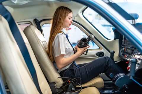 Young woman pilot checking her headset while sitting in the cockpit of a small aircraft, preparing