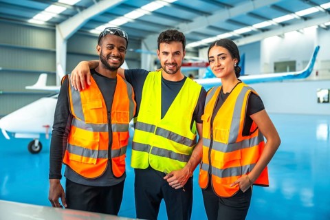 Three aircraft maintenance technicians wearing high visibility vests stand together in an aircraft