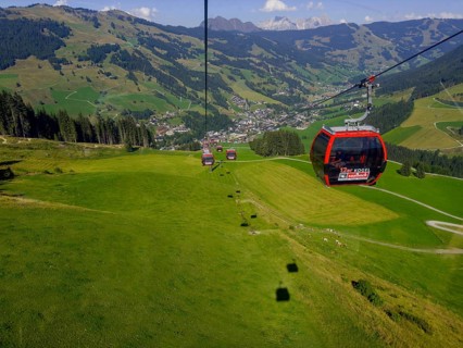 Tyrolean mountains near Saalbach-Hinterglemm, 12er Kogel cable car with view of Saalbach, Tyrol,