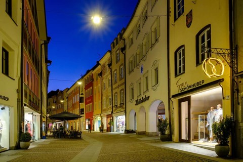 Main road at dusk, Bruneck, Pustertal, South Tyrol, Italy, Europe
