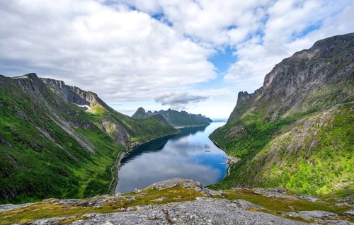 View of Øyfjorden fjord and mountains, fjord landscape with mountain peaks, hike to Barden