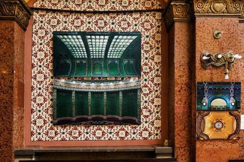 Decorated wall, detail, Hotel and thermal bath, Gellert bath, interior view, Budapest, Hungary,