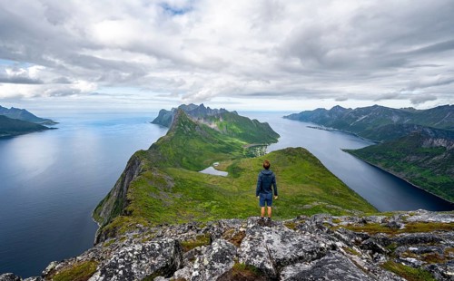 View of fjords Øyfjorden and Mefjorden, mountains on the headland of Fjordgård, view from the