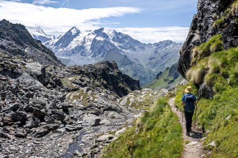 Mountaineer on hiking trail in mountain landscape, descent at Col du Louvie, view of the summit of