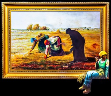 Banksy - The Gleaners, Jeans-Francois Millet, cigarette break while reading a book, 2008,