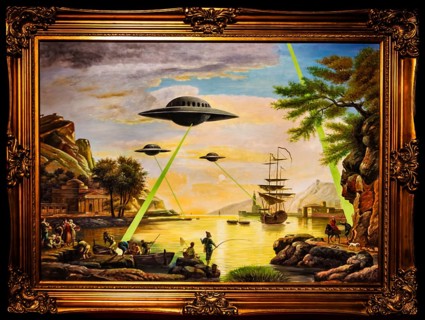 Banksy - UFO, conflict between modern and historical era, science fiction meets impressionism,